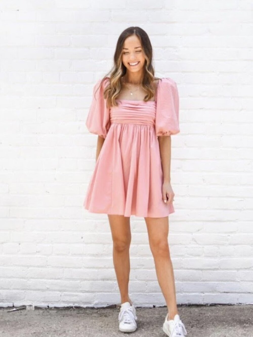 Abercrombie Fitch Ruched Babydoll Puff Sleeve Mini Dress Pink